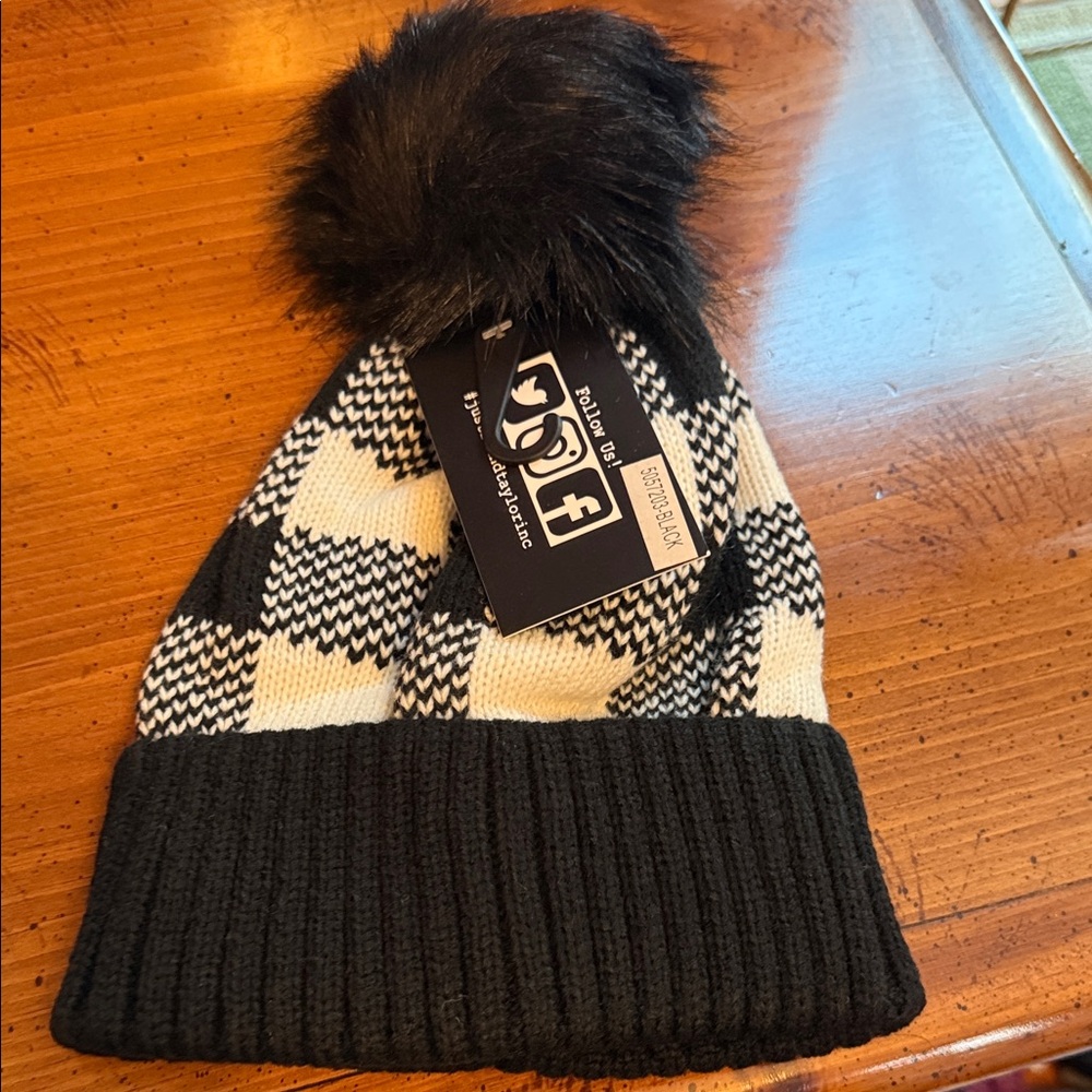 Black and White Checkered Beanie with Pom